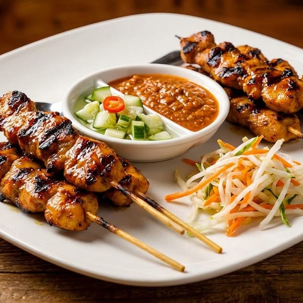 Grilled chicken satay skewers with peanut sauce, cucumber salad, and shredded vegetables on a white plate.