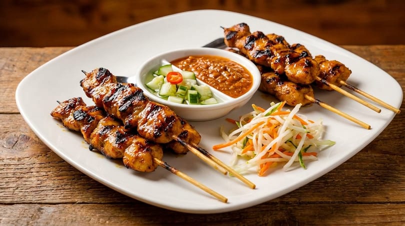 Grilled chicken satay skewers with peanut sauce, cucumber salad, and shredded vegetables on a white plate.
