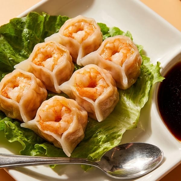 Six shrimp dumplings on lettuce with a side of soy sauce and a spoon on a white plate.