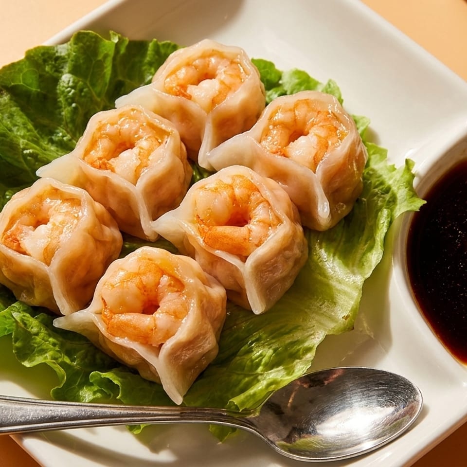 Six shrimp dumplings on lettuce with a side of soy sauce and a spoon on a white plate.