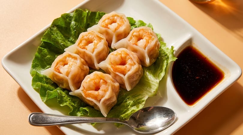 Six shrimp dumplings on lettuce with a side of soy sauce and a spoon on a white plate.