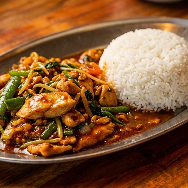 Chicken stir-fry with green beans and bean sprouts, served with white rice on a metal plate.