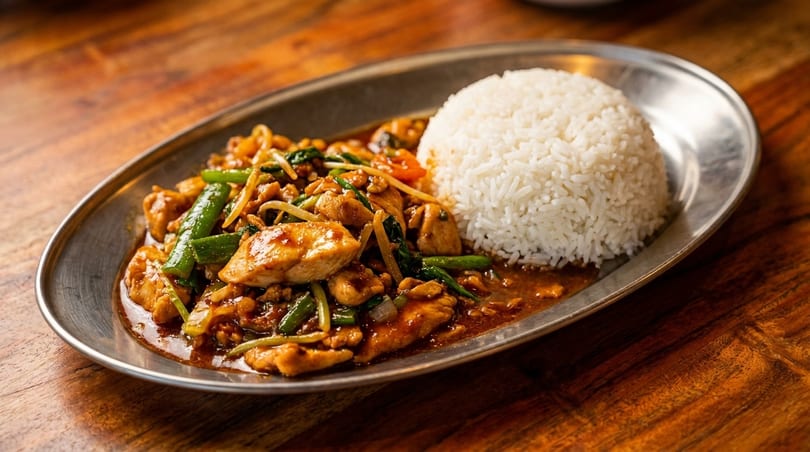 Chicken stir-fry with green beans and bean sprouts, served with white rice on a metal plate.