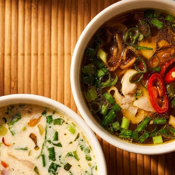 Two bowls of soup, one creamy and one clear, garnished with green onions and chili.