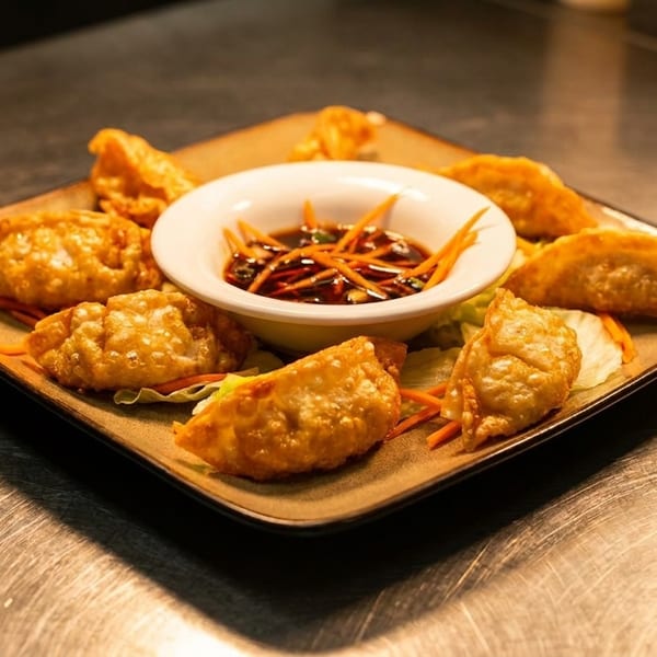 Golden-fried dumplings with a dipping sauce garnished with shredded carrots on a square plate.