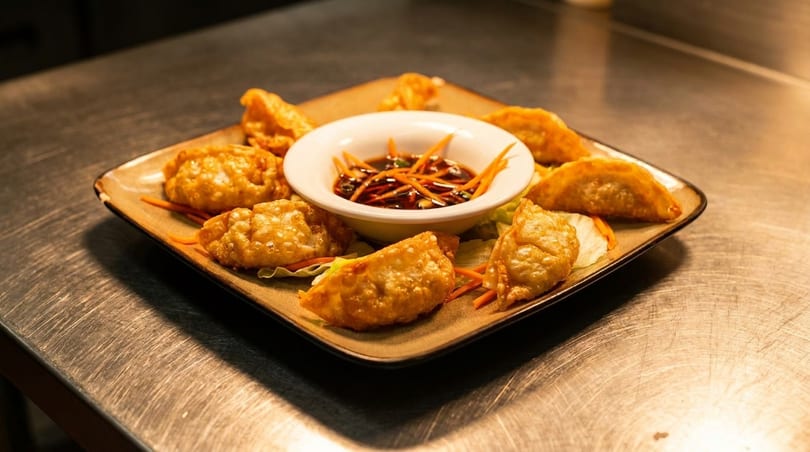 Golden fried dumplings arranged around a small bowl of dipping sauce with shredded carrots.