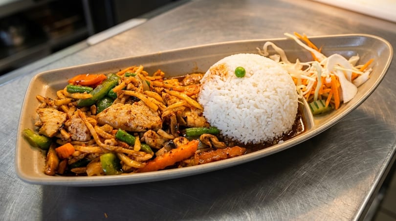 Chicken stir-fry with bamboo shoots, green beans, carrots, and rice, served with a side salad.
